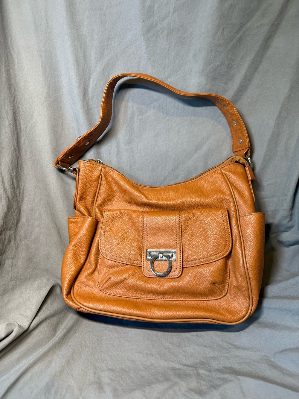 Classic Tan Pebbled Leather Shoulder Bag with Front Ring Detail